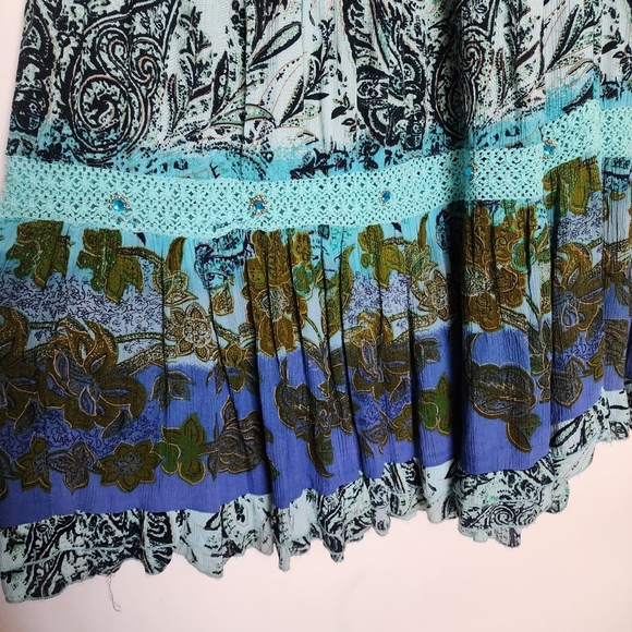 Forbidden Vintage M Blue Floral Paisley Crochet A- Line Maxi Skirt - Picture 8 of 10